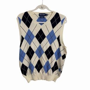 Polo Golf Ralph Lauren Sweater Mens Medium Blue Cashmere Cotton Argyle Vest Golf